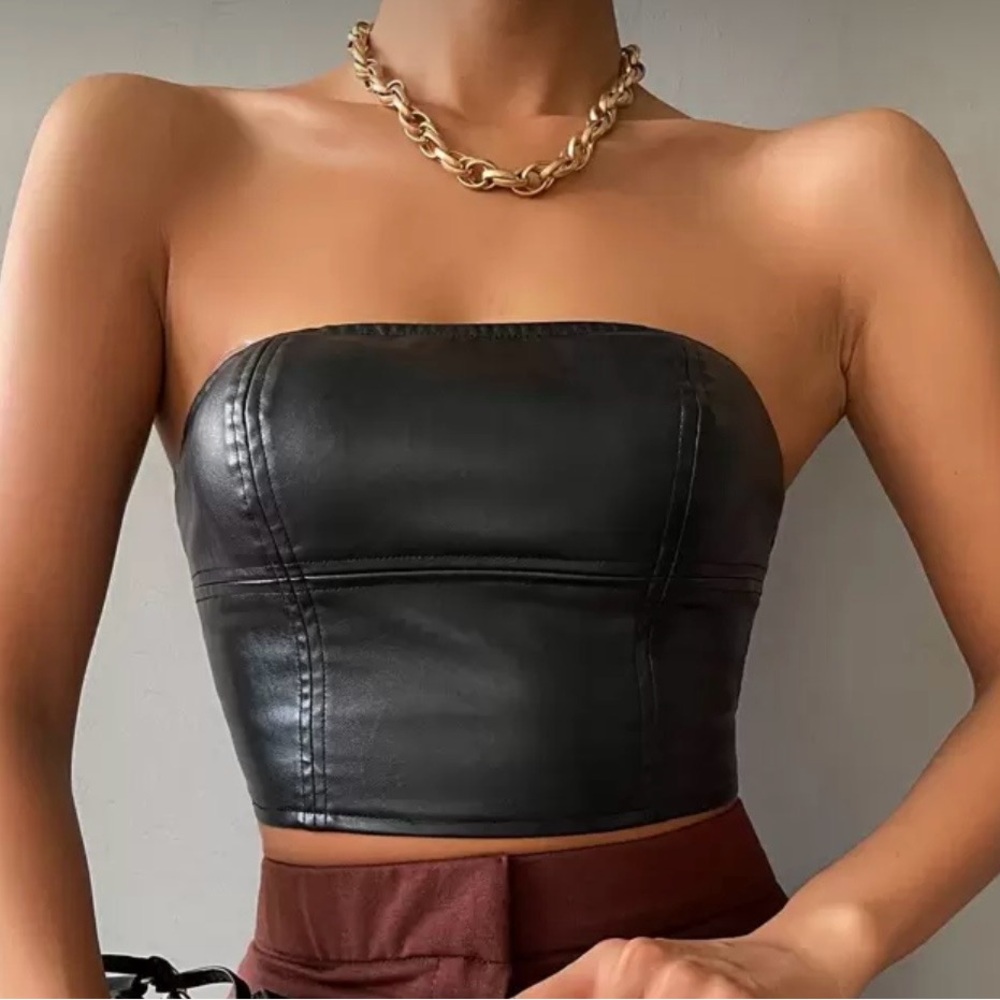 Black Goth Festival Crop Tube Top Grunge S zipper Cowgirl Vegan Leather Rave Emo